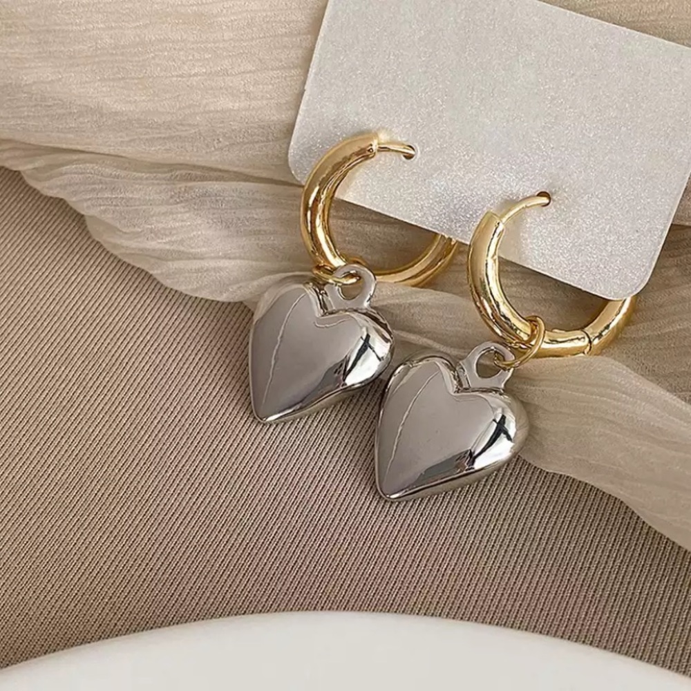 Gold & Silver Color Solid Heart Pendant Hoop Dangle Earrings - Picture 8 of 9